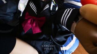 Hoe school girl (+teen) sexdoll masturbates with a sausage and makes a clip