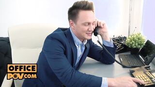 pov - double penetration whore Bambi Dee spit roasted at the office