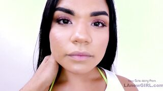 Beautiful Latina gets to suck long cock in studio