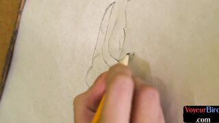 CFNM teens paints her male wanker during his wanking action
