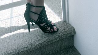 Sultry, big legged, Madame Viv into heels, dildos her stunning swollen clitoris on the stairs.