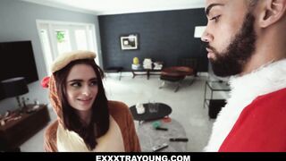 James Angel dresses up as Santa his small reindeer Reese Robbins has other plans. She undresses her costume and started touching James' long ebony dick.