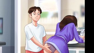 The risk of my teens stepsister catching us into the kitchen makes my freaky stepmom turned on and we have a morning quickie. Nailed her doggy and see her huge booty and huge titted D bouncing. (Summertime Saga - Debbie -