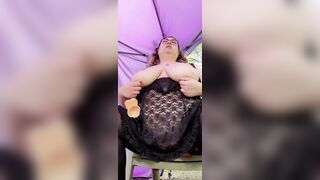 BBW fucks a toy outdoors into underwear