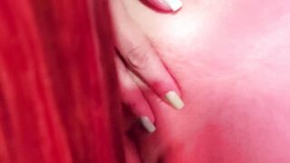 Thick red haired cunt with mouth masturbates her small soak twat while step MILF is away