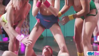 Petite blonde dominated by fitness babes
