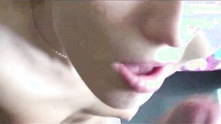 Petite blonde Jessi Gold sucks cock and takes cum on face
