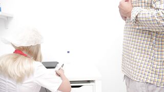 Cutie big boobed doctor sat her butt on a toy and fisted herself after consulting a handsome man