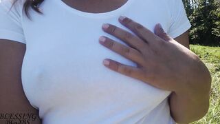 Nice walk without a bra, nipples shine through my white shirt (watch through shirt) - boob walk