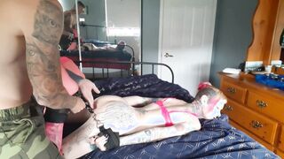 Daddy dominatrix hogties and pleasures his princess to screaming orgasm