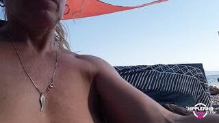 nippleringlover turned on cougar shaving pierced vagina at naked beach view through insane pierced nipples