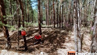sexy cougar walks and runs inside the Forest braless and without underwear