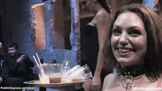 Slave collecting cum in plate in public