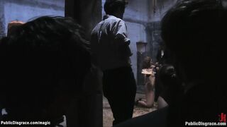 Slave collecting cum in plate in public