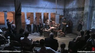 Slave collecting cum in plate in public