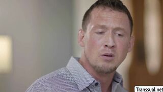 Trans teacher throated and butt fucks her guy student
