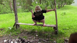 Outdoors piss old BBW milf with unshaved snatch.