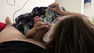 My little step-daughter plays with my dick into her mouth while we view a scene (She doesn't know I filmed it)