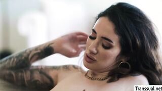 Horny tattooed MILF fucked by TS stepteen