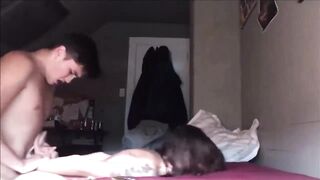 Guy fucking her twat hard from behind