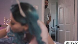 Busty TS analed and toyed by guy neighbor