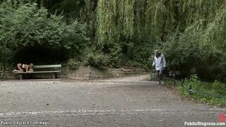 Strapped blonde fucked in the woods
