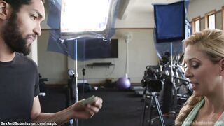 Black camera man torments busty MILF