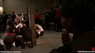 Big Titted sub tied inside outside