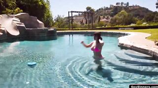 Busty milf titfucks the poolboy outdoors
