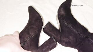 Foot pose into tall boots then showing my g-string and cunt!