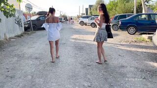 2 girls walk into outdoor without underwear and performance pussies