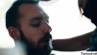 Handsome stepson analed by busty shemale