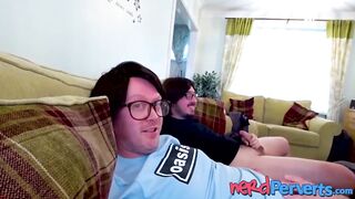 Tricked amateur lady sucking off off off two lucky nerds