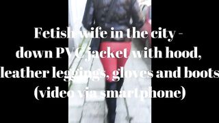 Bondage wife into the city - down RUBBER jacket with