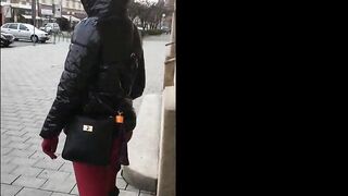 Bondage wife into the city - down RUBBER jacket with