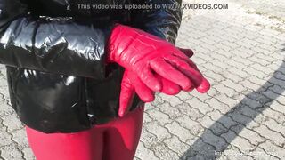 Bondage wife into the city - down RUBBER jacket with