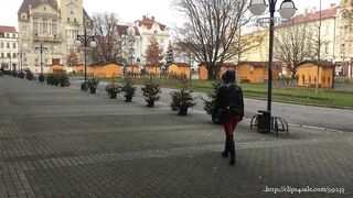 Bondage wife into the city - down RUBBER jacket with