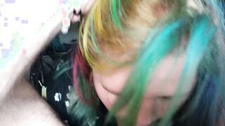 Rainbow haired pixie pawg give beautiful quickie fellatio while she is supposed to be working