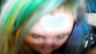 Rainbow haired pixie pawg give beautiful quickie fellatio while she is supposed to be working