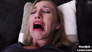 HJ pov Hottie vibrators twat with Hitachi before wanking oil penis