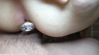 First time double penetration with penis inside twat and anal plug inside the booty point of view
