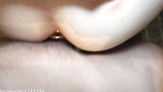 First time double penetration with penis inside twat and anal plug inside the booty point of view