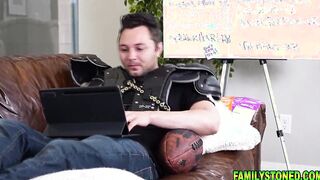 Stepmom Pristine Edge letting her stepson enjoy her mom vagina while her hubby is at the living room