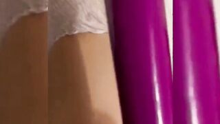 mommy is lying inside bed inside a diaper. the boy plays with her twat and titted. slides a gag on