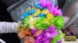 Blonde subs butt toyed with veg and bouquet