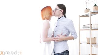 Nerdy and petite redhead worships cock and gets ass banged!