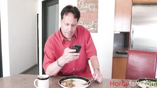 Dad reads news while I bone mom