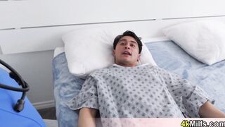 babe blonde cougar nurse trying to help her patient with a low pressure and she has a plan