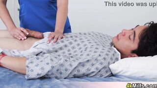 babe blonde cougar nurse trying to help her patient with a low pressure and she has a plan