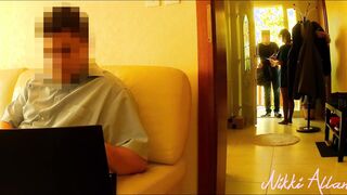 Beauty wifey blows and swallows the delivery man while her hubby works into the next room